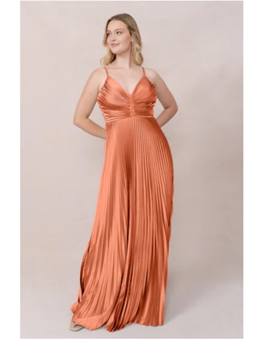 Revelry Viviana Tangerine Satin Pleated Maxi Dress